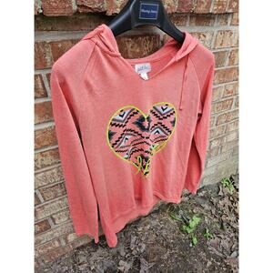 JUST BE Size Medium Lightweight Waffle Knit Hoodie Aztec Heart Love Tribal Boho